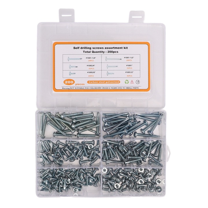 Set 200 bucati suruburi cu cap rotund, AMRINUGL, otel carbon, auto-perforante, zinc alb-albastru, dimensiuni variate