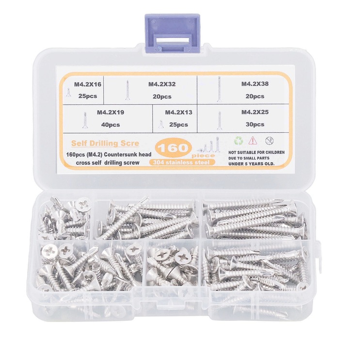 Set 160 Piese Suruburi Inox M4.2 cu Cap Ingropat, Argintii, pentru Mobila si Lucrari DIY