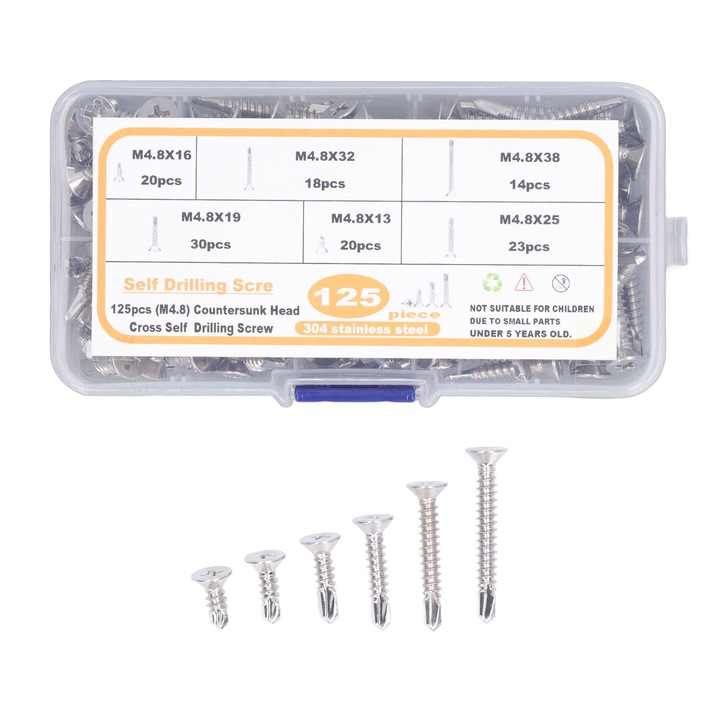 Set 125 bucati suruburi auto-perforante M4.8 din inox, cap infipt, cutie de depozitare, AMRINUGL