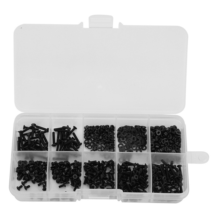 Set 600 suruburi din otel carbon, cap negru, M2, pentru diverse materiale