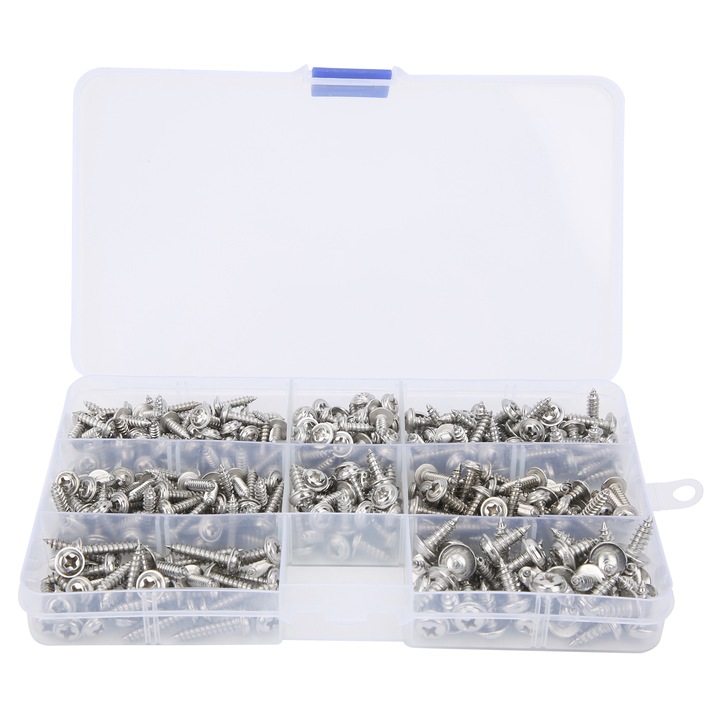 Set 340 bucati suruburi auto-filetante din inox pentru plastic si lemn, M3 si M4, dimensiuni variate, AMRINUGL