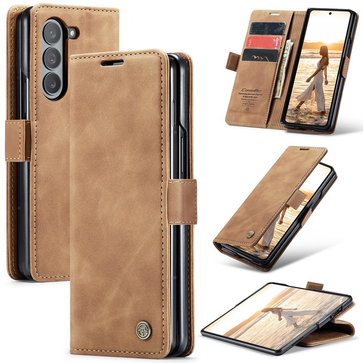Husa pentru Samsung Galaxy Z Fold7, piele cu textura catifelata, tip portofel, stand, inchidere magnetica, CaseMe, culoare Maro