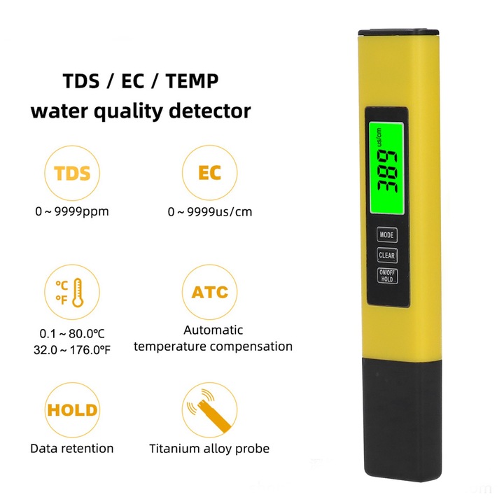 Tester de calitate a apei 3 in 1, Jormftte, TDS 0-9990PPM, temperatura 0.1-88.0°C, display cu doua culori