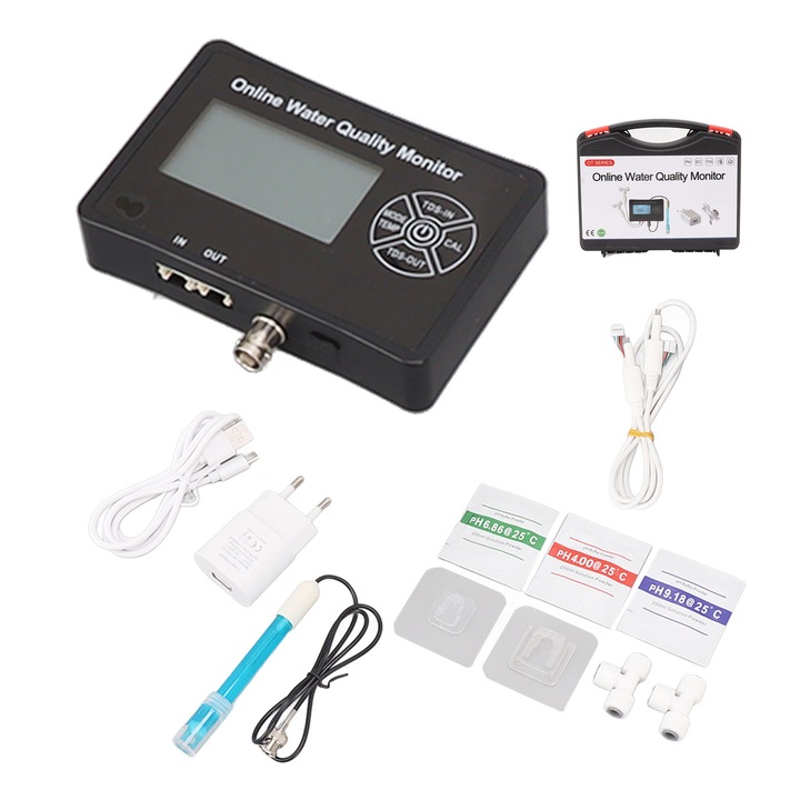 Jormftte 5 в 1 тестер за качество на водата, измерване на TDS, EC, pH, RH, температура, HD дисплей, акумулаторно захранване 100-240V