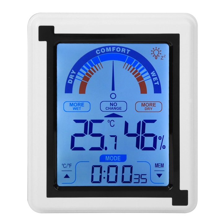 Цифров термометър, Mmgoqqt, LCD сензорен екран, термометър и хигрометър, функция памет, бял