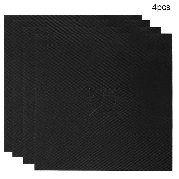 Защитни подложки за газови котлони, Enforose, комплект от 4 броя, устойчиви на температури до 260°C, 27x27 см, цвят: черен