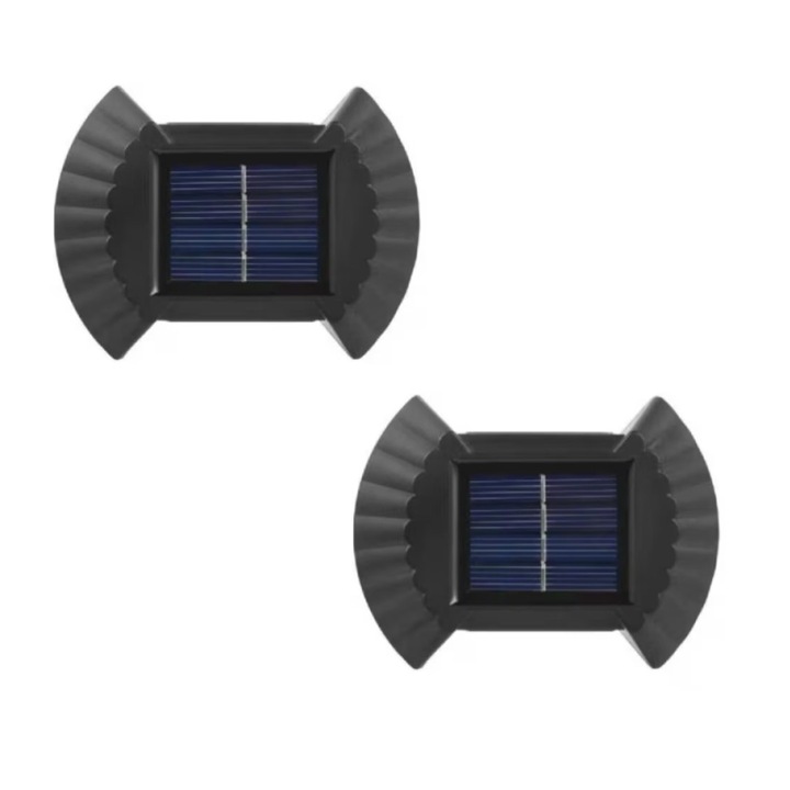 Set 2 lampi LED solare cu lumina bidirectionala pentru garduri, scari exterioare, senzor de lumina. alb cald, BZRSH