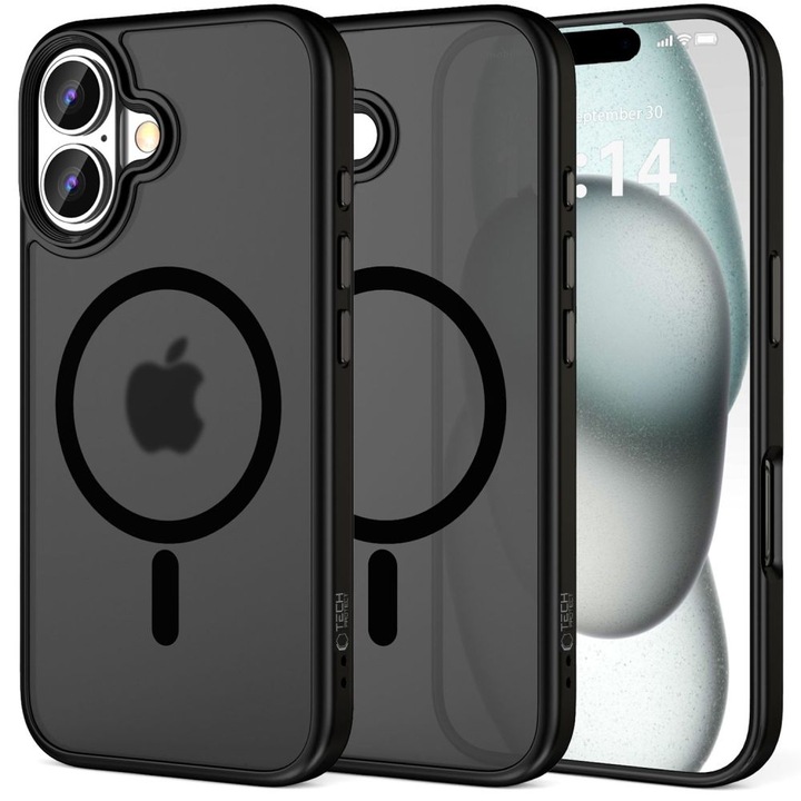 Калъф за телефон, съвместим с iPhone 16 - Tech-Protect Magmat MagSafe съвместим прозрачен пластмасов гръб с черна силиконова рамка