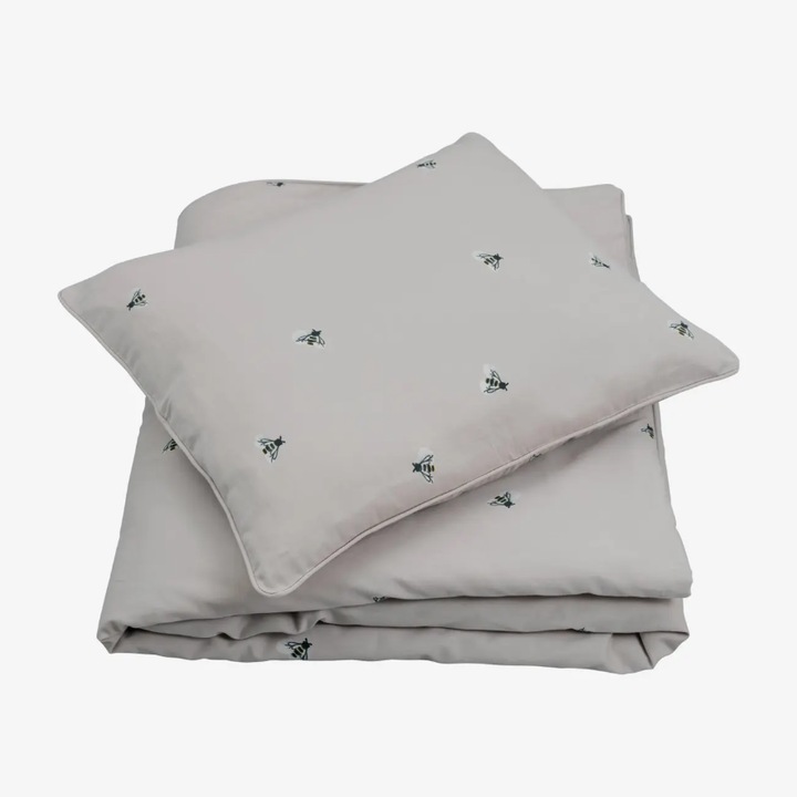 Set lenjerie patut Fabelab 'Bee', bumbac organic, gri, 100x140cm, 40x45cm
