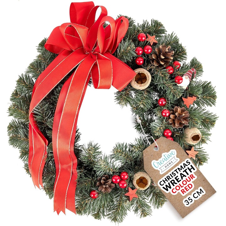 Coroana artificiala de Craciun rosie Culoare, Coronita Advent, Creative Home, Ghirlanda rotunda ∅35 cm, Coroana pentru usa, semineu, Decoratiuni exteriorul interior al casei