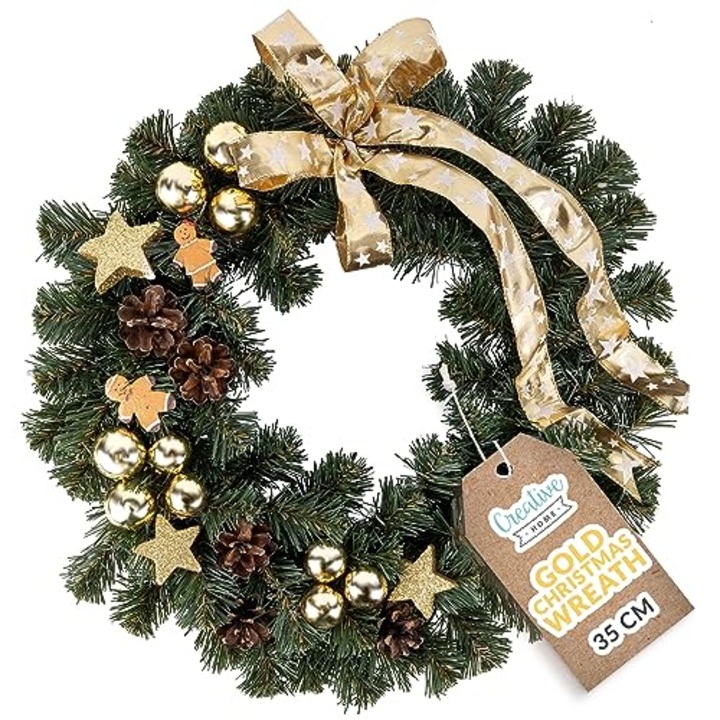 Coroana artificiala de Craciun Culoare aurie, Coronita de Advent, Creative Home, Ghirlanda rotunda ∅35 cm, Coroana pentru usa, semineu, Decoratiuni exteriorul interior al casei