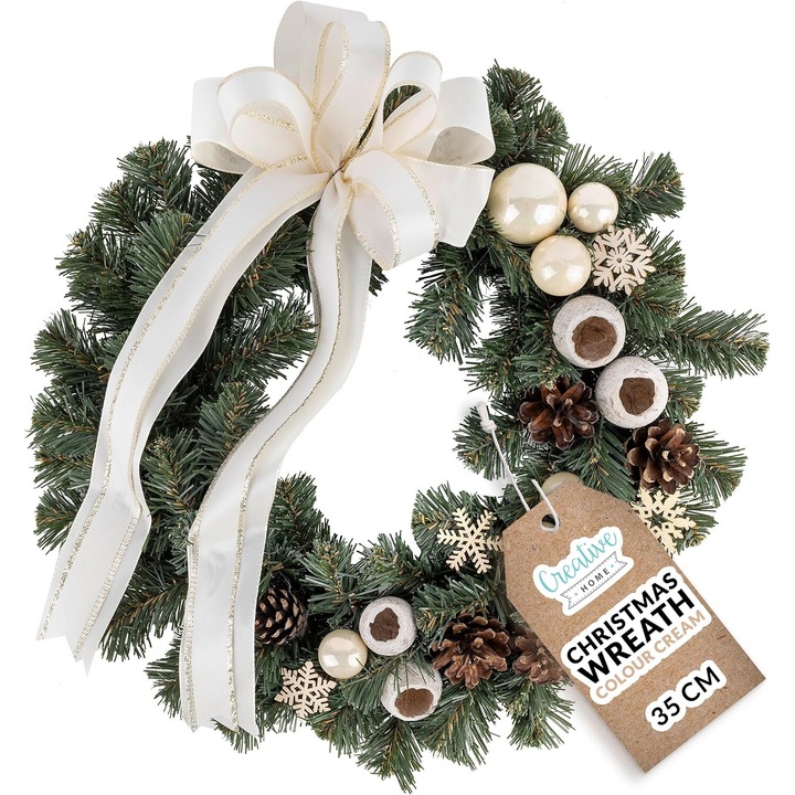 Coroana artificiala de Craciun Crem Culoare, Coronita Advent, Creative Home, Ghirlanda rotunda ∅35 cm, Coroana pentru usa, semineu, Decoratiuni exteriorul interior al casei