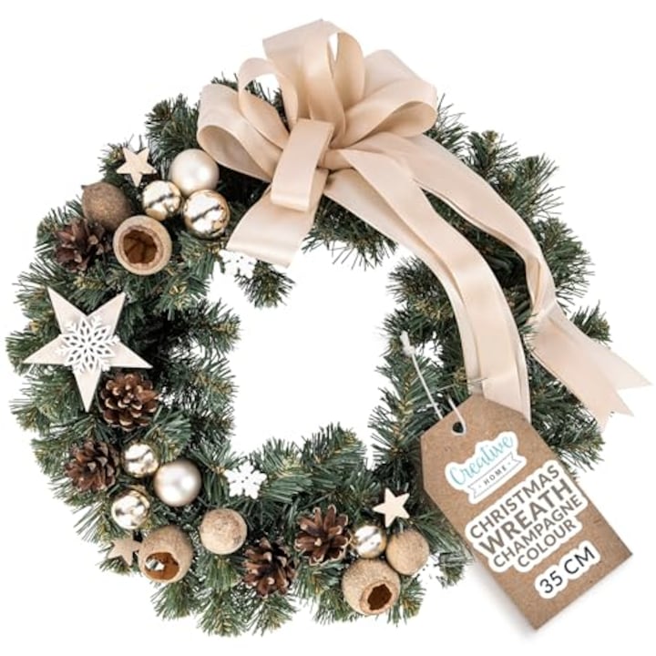 Coroana artificiala de Craciun Culoare sampanie, Coronita Advent, Creative Home, Ghirlanda rotunda ∅35 cm, Coroana pentru usa, semineu, Decoratiuni exteriorul interior al casei