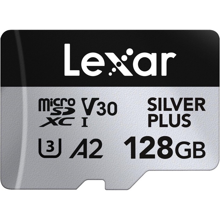Micro SD карта Lexar Professional Silver Plus 128GB, 205 MB/s, MicroSDXC UHS-I с адаптер, C10, U3, A2, V30, Full HD, 4K UHD