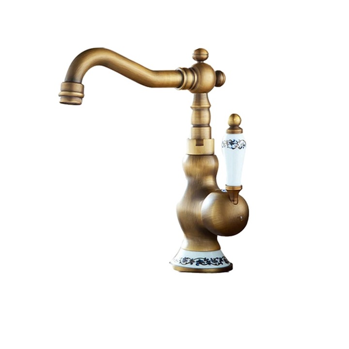 Szaniter csap a mosogatóhoz, egy fogantyúval, hideg-meleg víz funkcióval, antik sárgaréz, munkalapra szerelhető