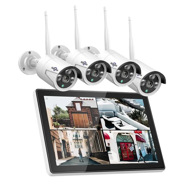 Sistem supraveghere wireless, 4 camere metalice, rezolutie 5MP, monitor integrat 10.1", viziune nocturna, IP66, compatibil Alexa