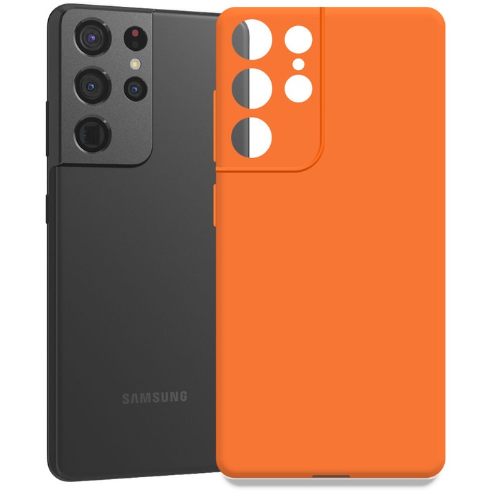 Husa pentru Samsung Galaxy S21 Ultra, Color Shield, Interior de catifea, Suprafata aderenta, Protectie antisoc, Margini ridicate, Regular Fit, Silicon, Portocaliu neon