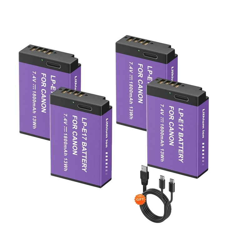 Комплект 4 батерии LP-E17, 1800mAh, Type-C зареждане, за Canon