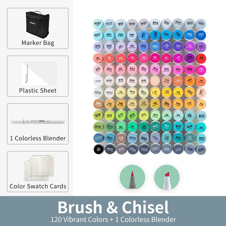 Set markere colorate, 120 culori vibrante, varfuri duble, cu blender incolor, cutie de transport