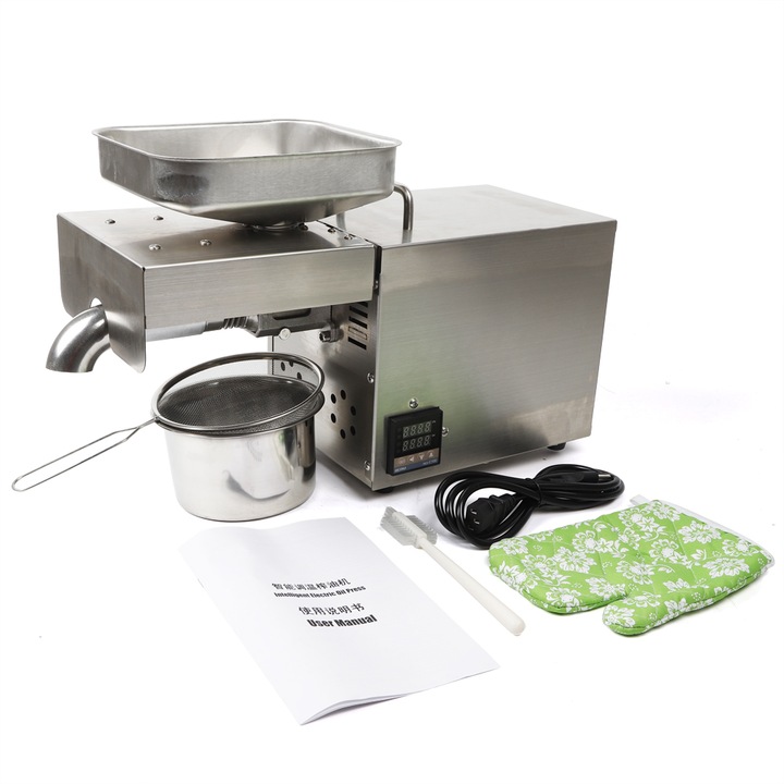 Presa de ulei cu accesorii, Inox, Control digital al temperaturii, 610W, 220V, 5 kg/ora, 55x29x37cm, Argintiu