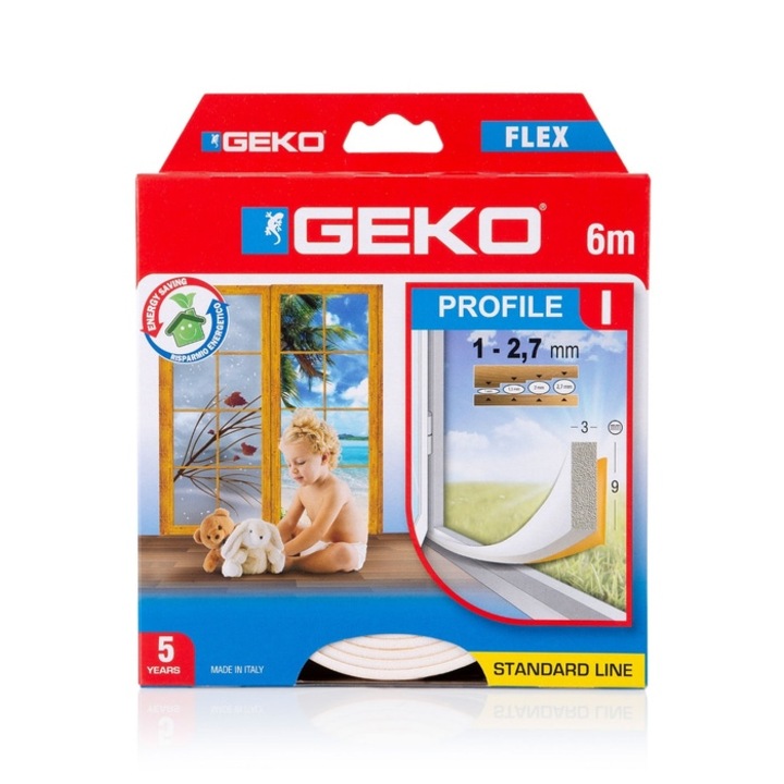 Garnitura de etansare pentru usi si ferestre, Geko Flex Profile, PVC expandat, alb, 9 mm x 6 m