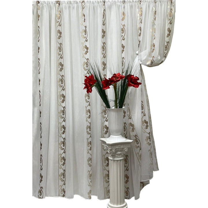 Бяло перде, с кафява бродерия "Sirag cu frunze by Liz Line", 300x245cm, с подгъв - RD2023B