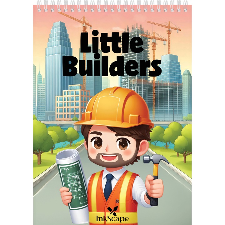 Carte de colorat si desenat pentru copii cu unelte pentru constructii, 40 pagini, Format A5 cu spirala, Little Builders by InkScape, Editia 2024