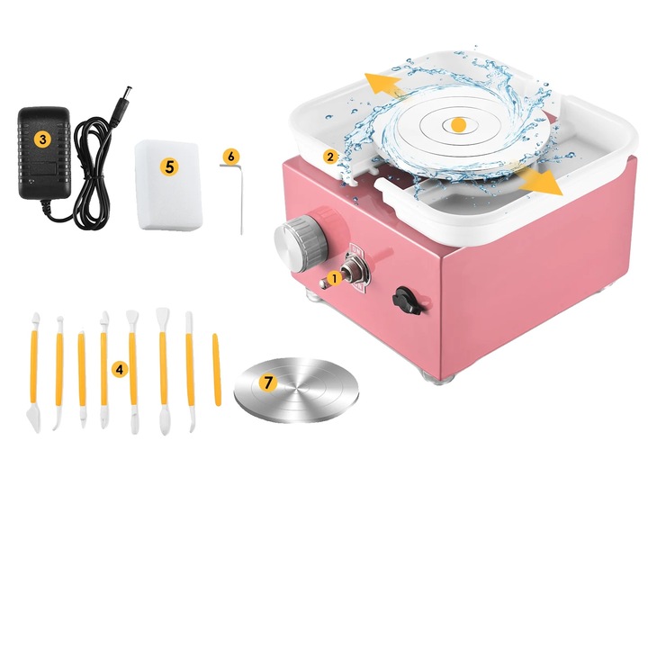 Roata de olarit, viteza ajustabila pana la 2000 RPM, unelte de lut incluse, roz, 10x6.5cm