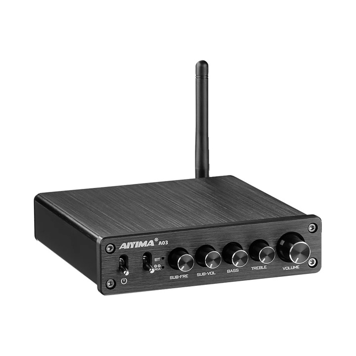 Aiyima цифров усилвател,Bluetooth, 2.1 конфигурация, 100 W субуфер, черен