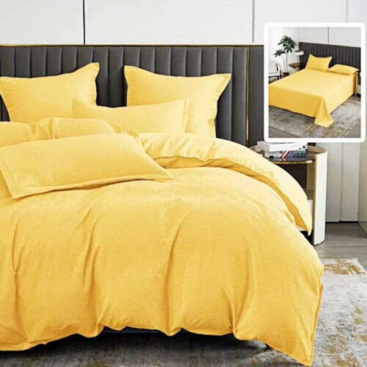 Lenjerie de pat Bumbac Satinat Natur Baroque, 6 piese, pentru pat dublu, galbena, Ralex Pucioasa