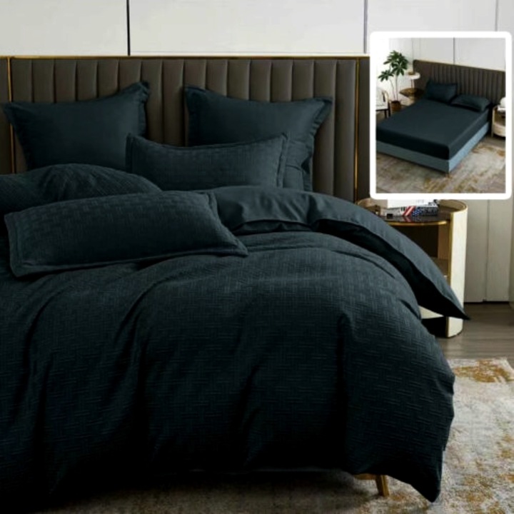 Lenjerie de pat Bumbat Satinat Stripe UNI, 6 piese, cearceaf cu elastic 160x200cm, pentru pat dublu, neagra, Pucioasa