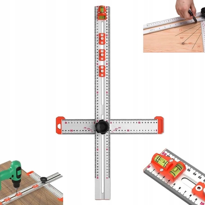 Rigla multifunctionala cu sablon de gaurire 4 in 1, M IMPORT, aluminiu, ajustabil, 30x5cm