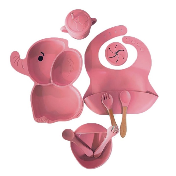Комплект от 10 аксесоара за бебешка и детска храна, Commando Kids, идеален период за разнообразяване, купа, чиния с 3 отделения, 2 лъжици, 2 вилици, лигавник, чаша със сламка, 2 капака, без мирис и без алергени, модел на слонче, розово
