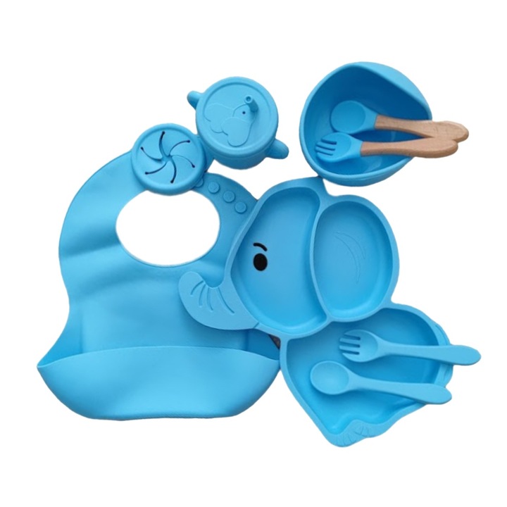 Комплект от 10 аксесоара за бебешка и детска храна, Commando Kids, идеален период за разнообразяване, купа, чиния с 3 отделения, 2 лъжици, 2 вилици, лигавник, чаша със сламка, 2 капака, без мирис и без алергени, модел на слонче, океанско синьо