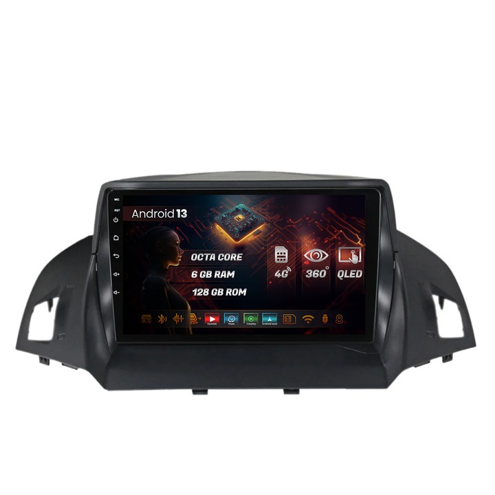 Navigáció HUB64 Ford Kuga, C-Max (2013-2018), 6GB RAM, Android 13, Octacore, Slot Sim 4G, DSP, GPS, Wi-FI, Carplay, Android Auto, USB, Bluetooth, Waze, Érintőképernyő, 9 hüvelyk