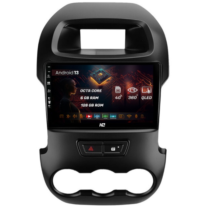Navigáció HUB64 Ford Ranger (2011-2015), 6GB RAM, Android 13, Octacore, 4G SIM foglalat, DSP, GPS, Wi-Fi, Carplay, Android Auto, USB, Bluetooth, Waze, Érintőképernyő, 9 hüvelyk