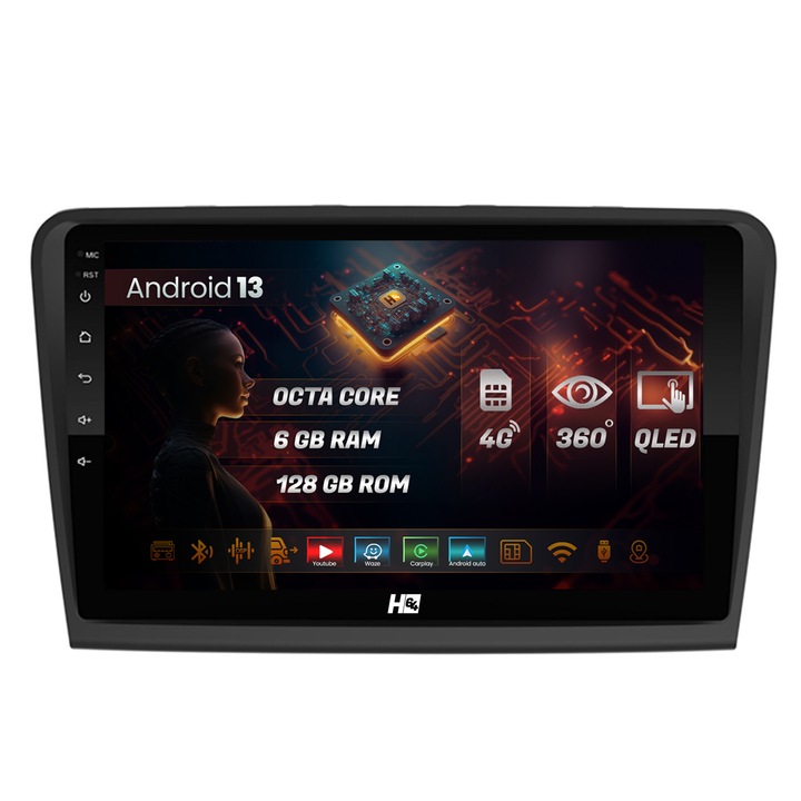 Navigatie HUB64 Skoda Superb 2 (2008-2015), 6GB RAM, Android 13, Octacore, Slot Sim 4G, DSP, GPS, Wi-FI, Carplay, Android Auto, USB, Bluetooth, Waze, Touchscreen, 10.1 Inch