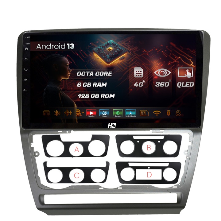 Navigatie HUB64 Skoda Octavia 2, 6GB RAM, Android 13, Octacore, Slot Sim 4G, DSP, GPS, Wi-FI, Carplay, Android Auto, USB, Bluetooth, Waze, Touchscreen, 10.1 Inch