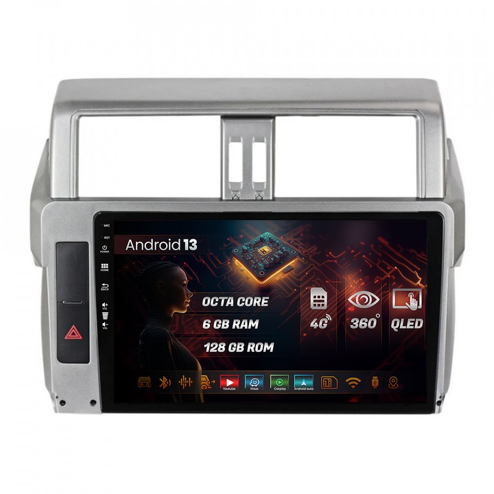 Navigatie HUB64 Toyota Land Cruiser, Prado J150 (2014-2016), 6GB RAM, Android 13, Octacore, Slot Sim 4G, DSP, GPS, Wi-FI, Carplay, Android Auto, USB, Bluetooth, Waze, Touchscreen, 10.1 Inch
