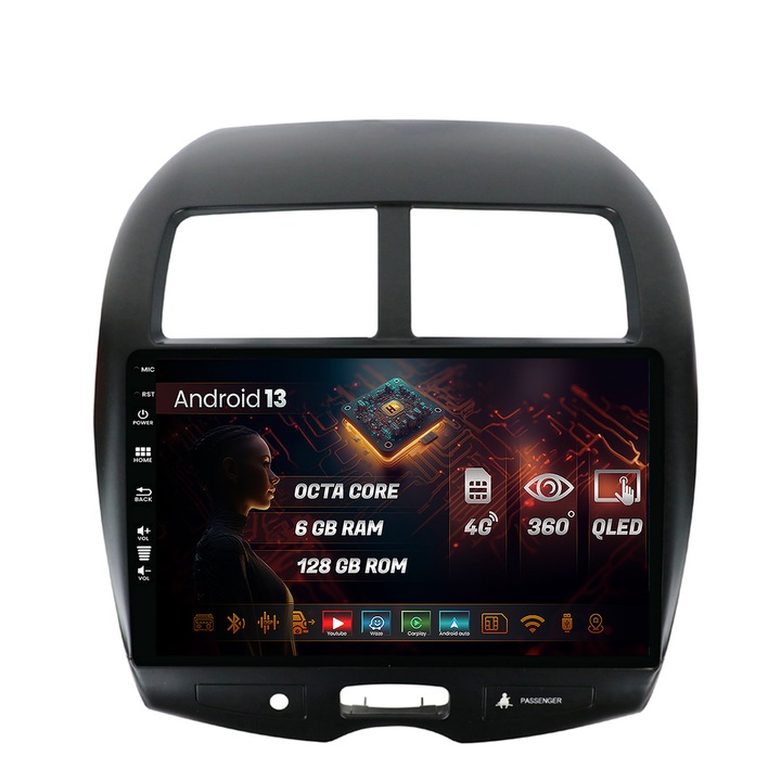 Navigatie HUB64 Mitsubishi ASX (2010-2015), 6GB RAM, Android 13, Octacore, Slot Sim 4G, DSP, GPS, Wi-FI, Carplay, Android Auto, USB, Bluetooth, Waze, Touchscreen, 10.1 Inch