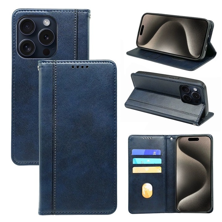 Pénztárca tok iPhone 14 Pro Max készülékhez, RFID blokkoló, 3 kártyatartó, kék