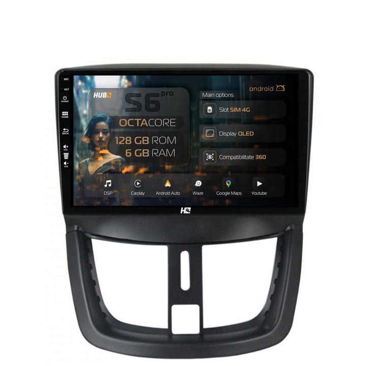 Navigatie Peugeot 207, 6GB RAM, 128GB ROM, Android, Octacore, Slot Sim 4G, DSP, GPS, Wi-FI, Carplay, Android Auto, USB, Bluetooth, Waze, Touchscreen, 9 Inch, HUB64