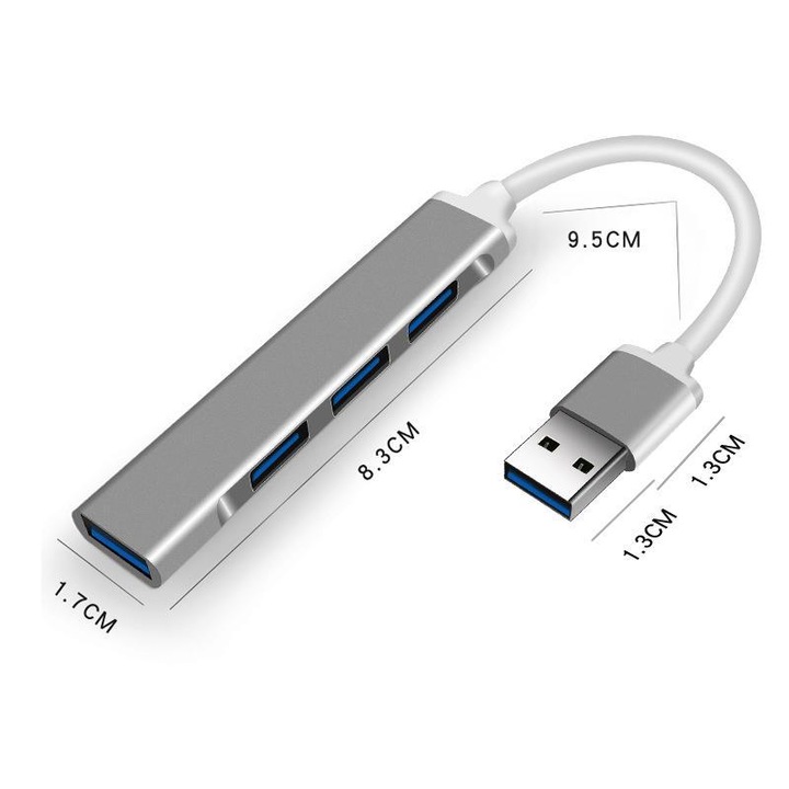 USB хъб, 4-портов USB 3.0 ключ, наличен за USB портове Разширител за множество USB портове за лаптоп, MacBook, Surface Pro, XPS, компютър, флаш устройство, мобилен твърд диск (USB-A), сребрист