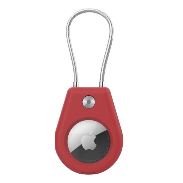 Apple AirTag biztonságos tartó drótkábellel - tartós AirTag tok, karcálló hatlapú kulcsos zárrendszer, AirTag kulcstartó védőtartozék kulcsokhoz, poggyászhoz, háziállatokhoz stb. Piros