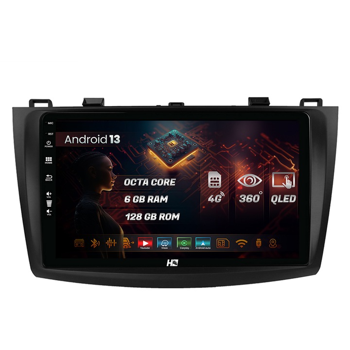 Navigatie HUB64 Mazda 3 (2009-2013), 6GB RAM, Android 13, Octacore, Slot Sim 4G, DSP, GPS, Wi-FI, Carplay, Android Auto, USB, Bluetooth, Waze, Érintőképernyő, 9 hüvelyk