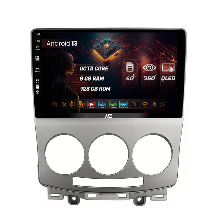 Navigatie HUB64 Mazda 5 (2005-2010), 6GB RAM, Android 13, Octacore, Slot Sim 4G, DSP, GPS, Wi-FI, Carplay, Android Auto, USB, Bluetooth, Waze, Érintőképernyő, 9 hüvelyk