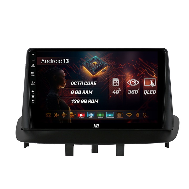 Navigatie HUB64 Renault Megane 3, Fluence (2009-2016), 6GB RAM, Android 13, Octacore, Slot Sim 4G, DSP, GPS, Wi-FI, Carplay, Android Auto, USB, Bluetooth, Waze, Touchscreen, 9 Inch