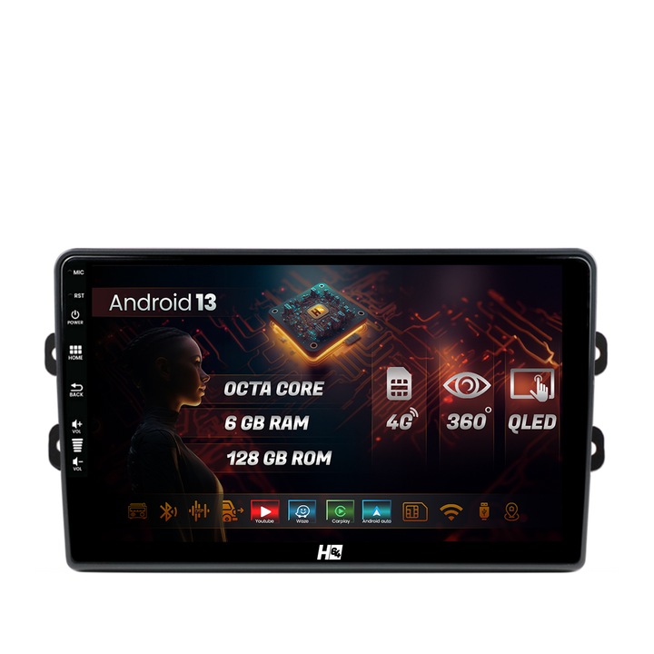 Navigatie HUB64 Dacia, Renault, 6GB RAM, Android 13, Octacore, Slot Sim 4G, DSP, GPS, Wi-FI, Carplay, Android Auto, USB, Bluetooth, Waze, Touchscreen, 9 Inch