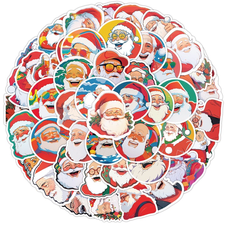 Set 50 Stickere Decorative, PVC, Tema Craciun Mos Craciun, Rezistente la Apa, Reutilizabile, Multicolor