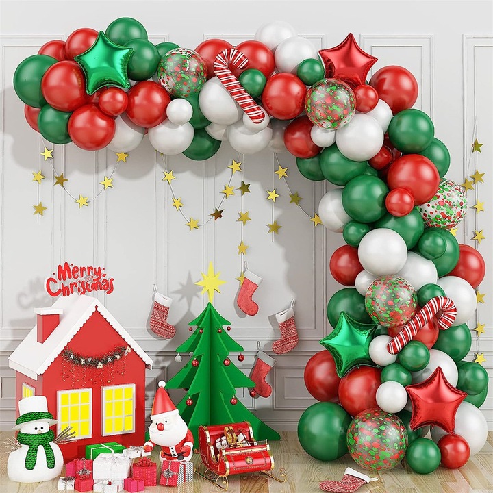 Set arcada baloane decorative din 89 piese, aranjament pentru petrecere tematica Craciun, BOMSTOM, ideal pentru mese festive in familie sau cu prietenii, calitate latex Extra, Rosu si Verde